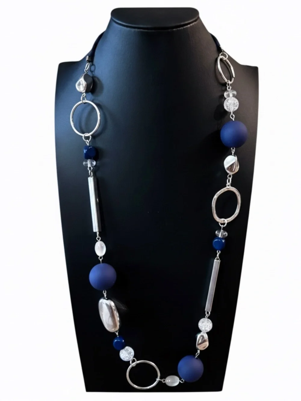 Womens Blue and Silver Long Beaded Necklace